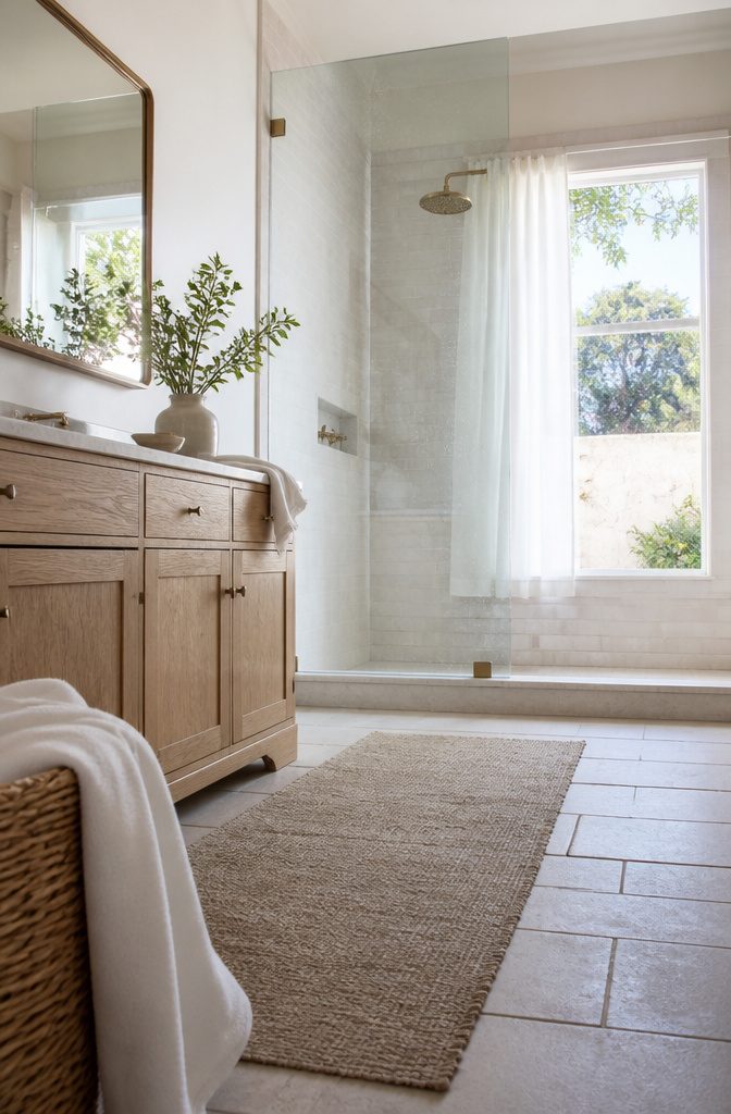 Bathroom with a frameless glass shower screen and an unobstructed window