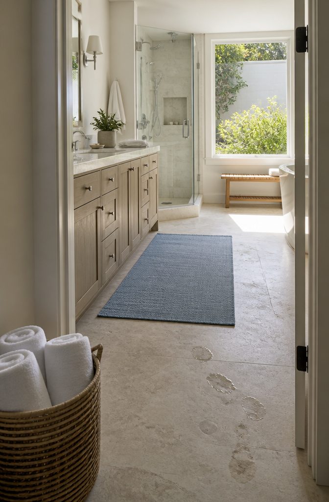 Coastal farmhouse bathroom with a muted blue rug beside the sink