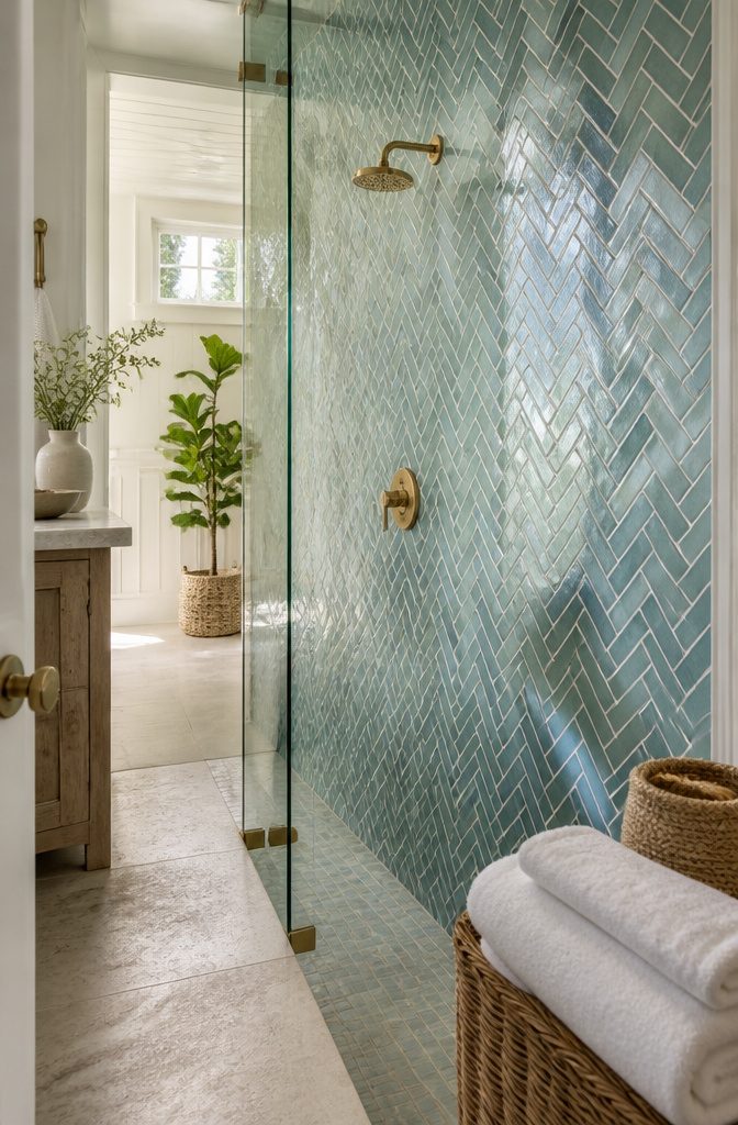 Coastal farmhouse bathroom with blue and green tile as a colorful feature