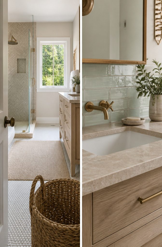 Coastal farmhouse bathroom with wood, woven details, beige stone, and white tile