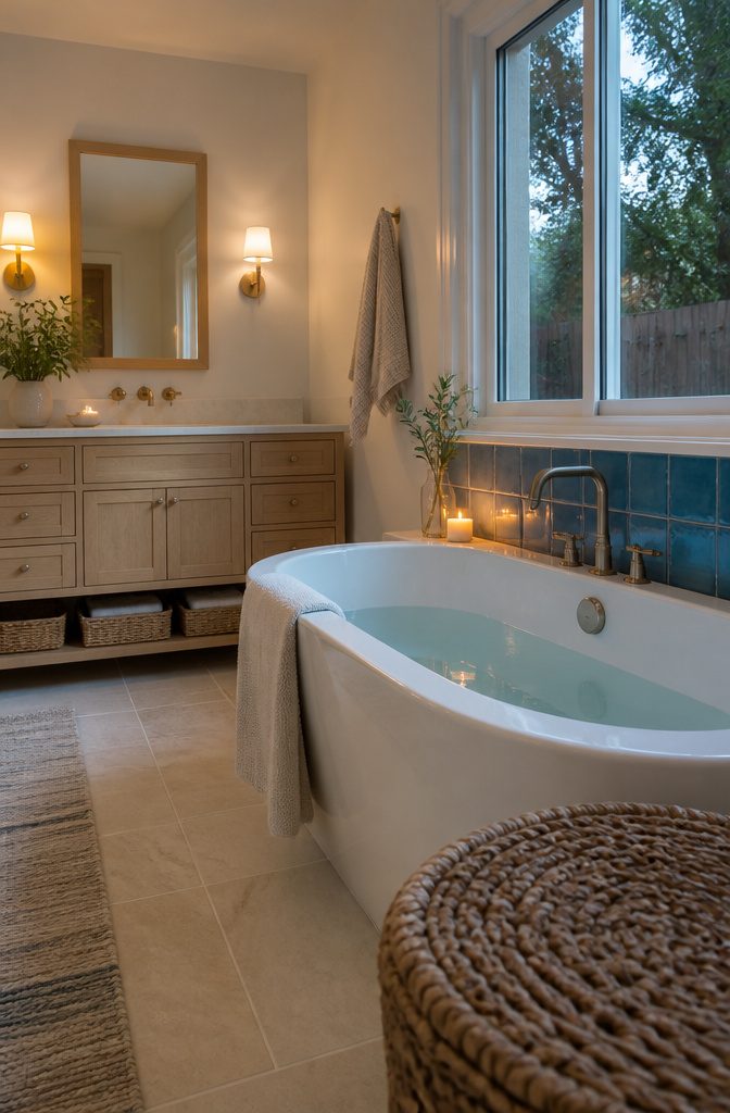 Bathroom with a freestanding whirlpool tub, blue glass tile, and beige stone flooring