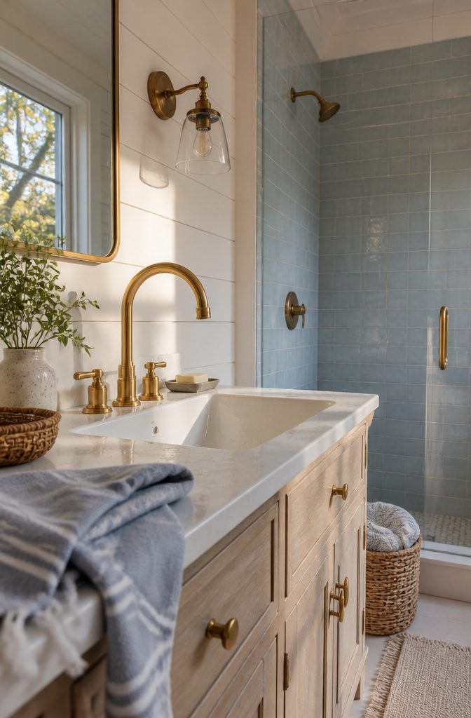 Brass faucet and cabinet pulls beside a white basin and pale blue bathroom tile