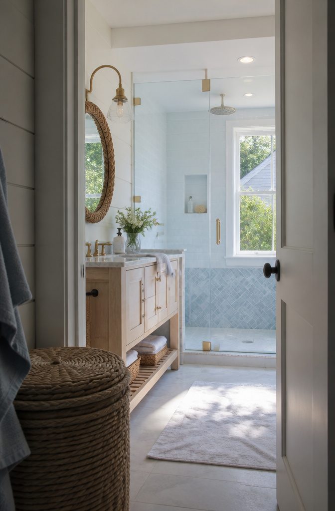 Coastal farmhouse bathroom with a frameless glass shower door and rope-framed mirror