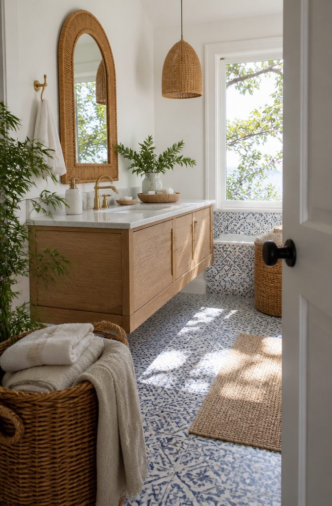 Coastal farmhouse bathroom with a rattan mirror, woven pendant, and light wood vanity