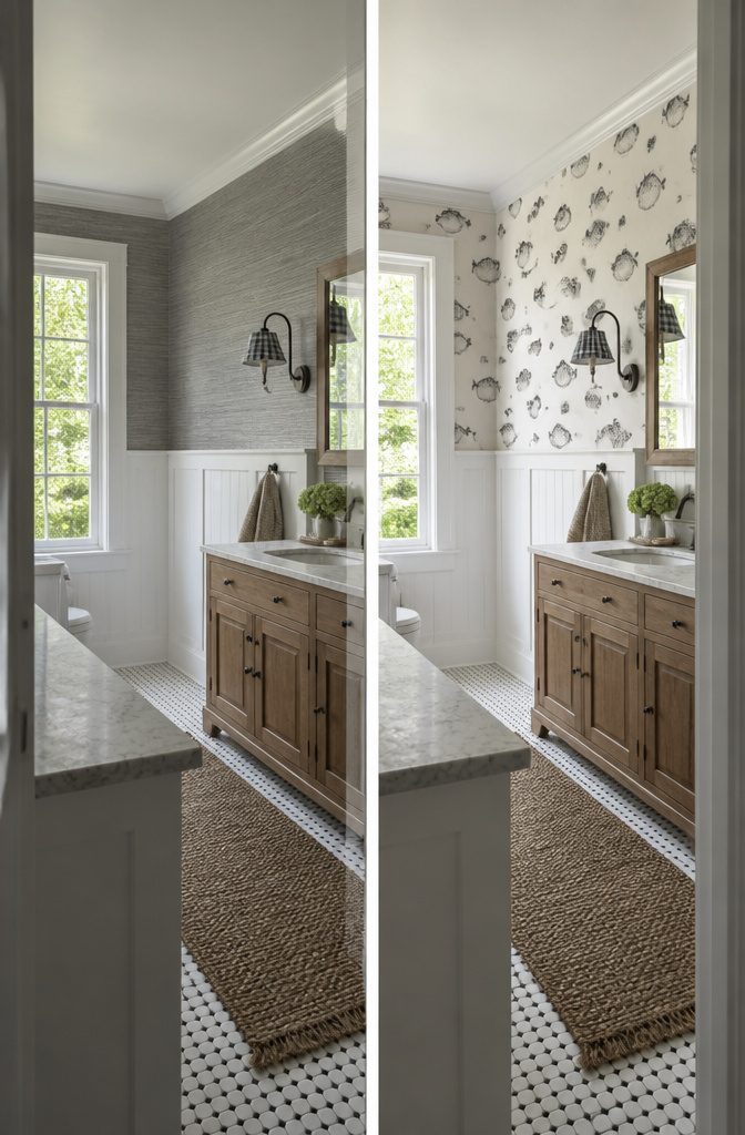 Charcoal and white pufferfish wallpaper above white wainscoting in a bathroom