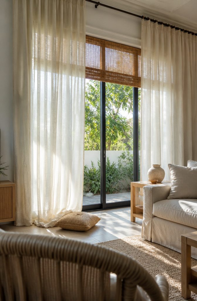Off-white sheer linen panels beside a woven shade and pale wood table