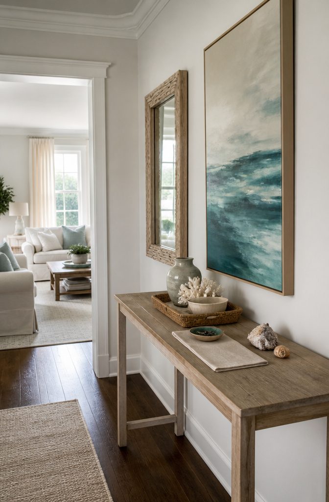 Coastal living room with a large abstract painting in ocean blues
