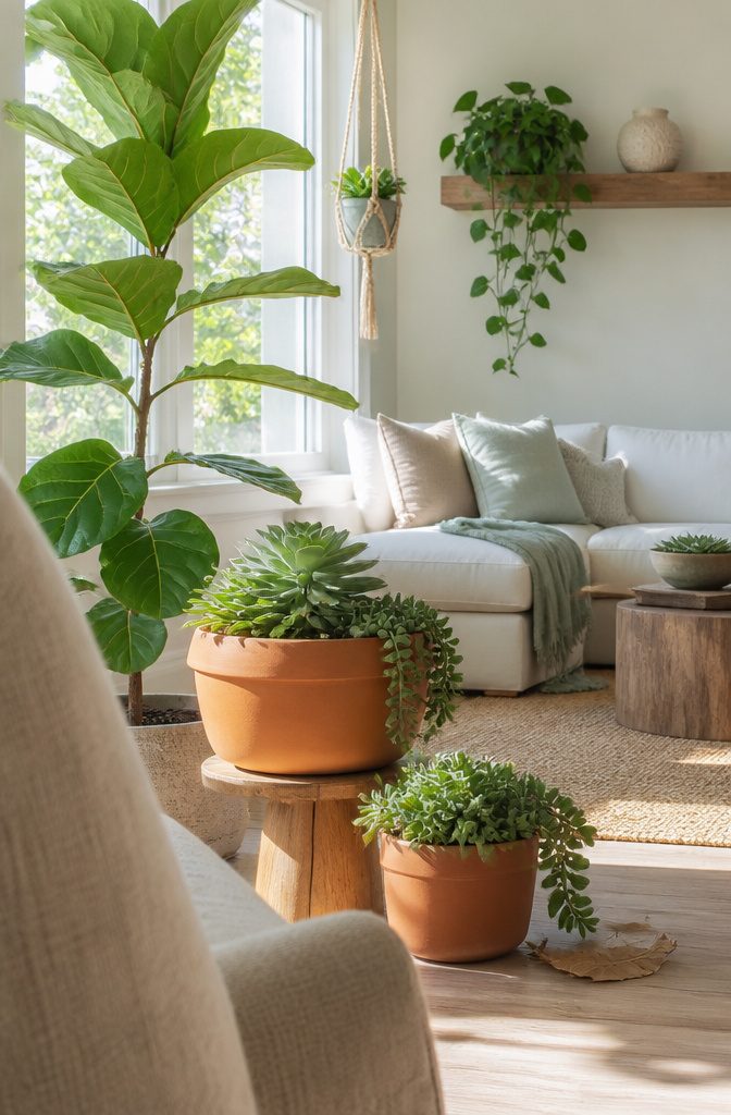 Fiddle leaf fig beside a bright window in a coastal living room