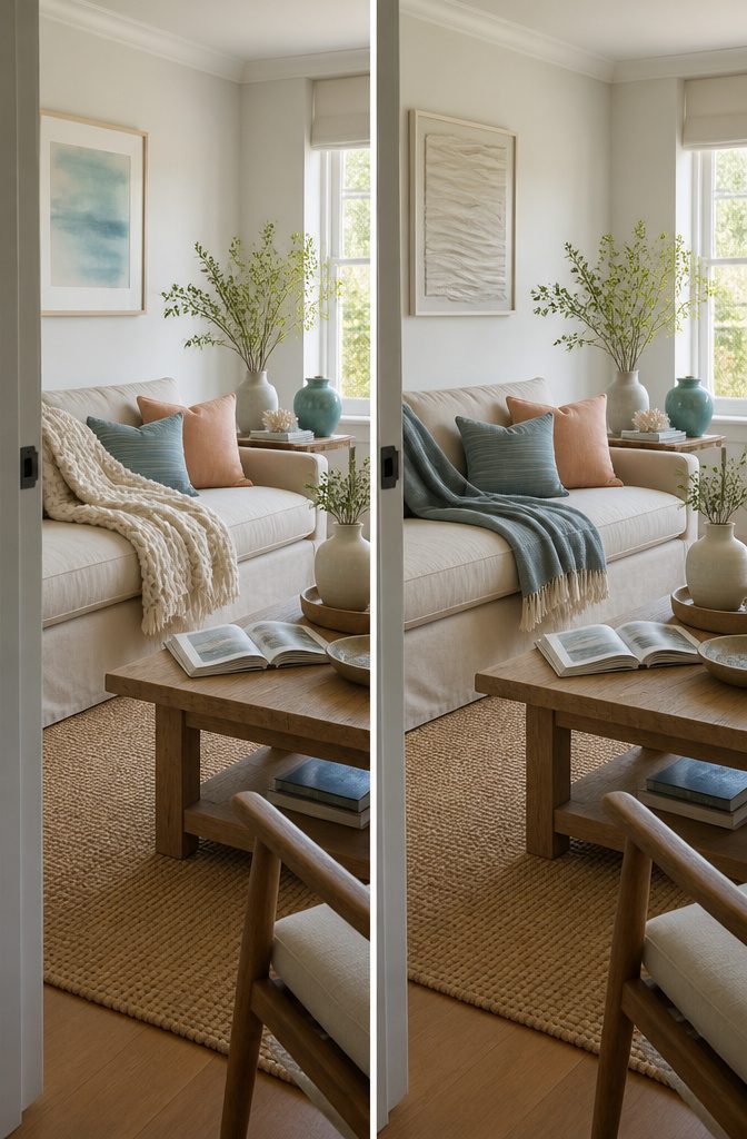 Coastal living room in soft whites and sand tones with blue accents