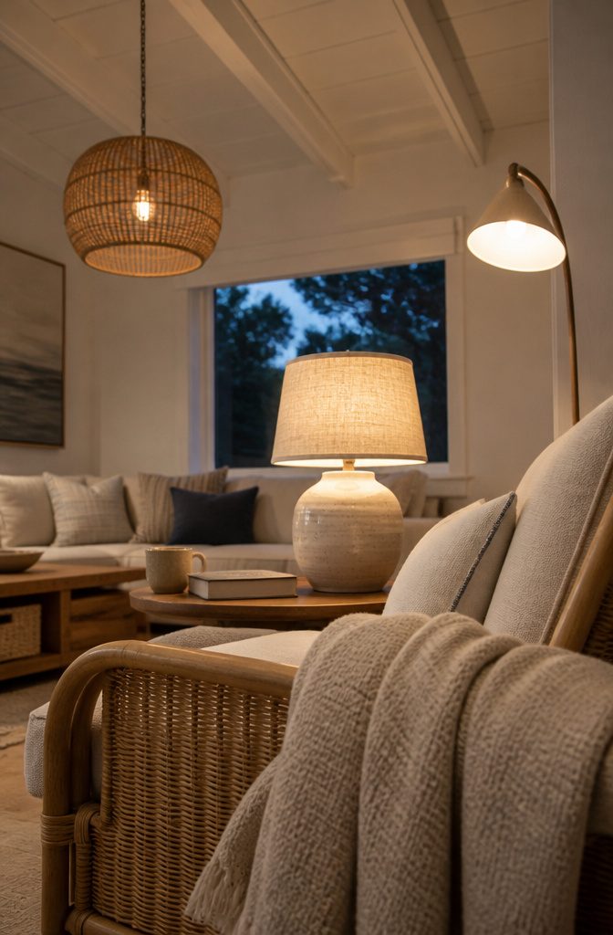 Rattan pendant light hanging above a coastal living room