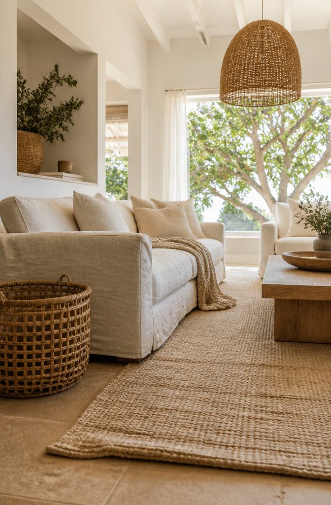 Jute rug beside linen seating with a rattan pendant and woven basket