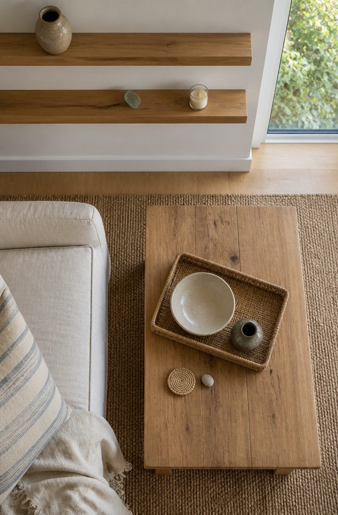 Open wood shelves above a coffee table with a tray and ceramic pieces