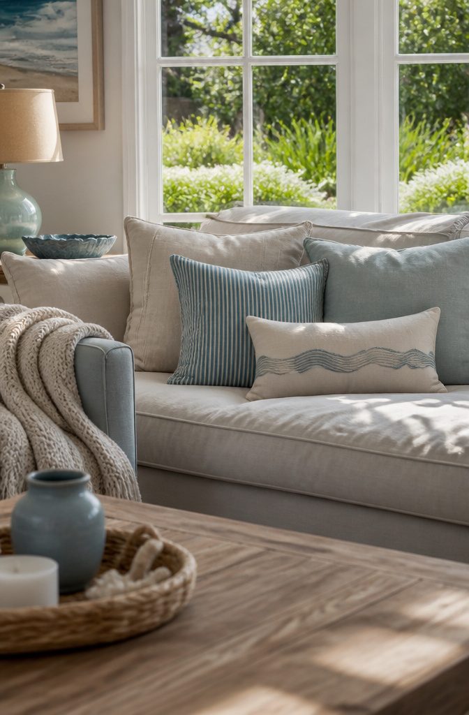 Pale linen sofa with layered aqua and navy striped pillows and a throw