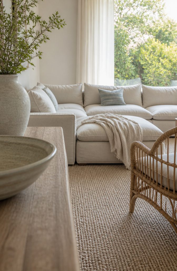 Living room with a light slipcovered sectional and rattan lounge chairs