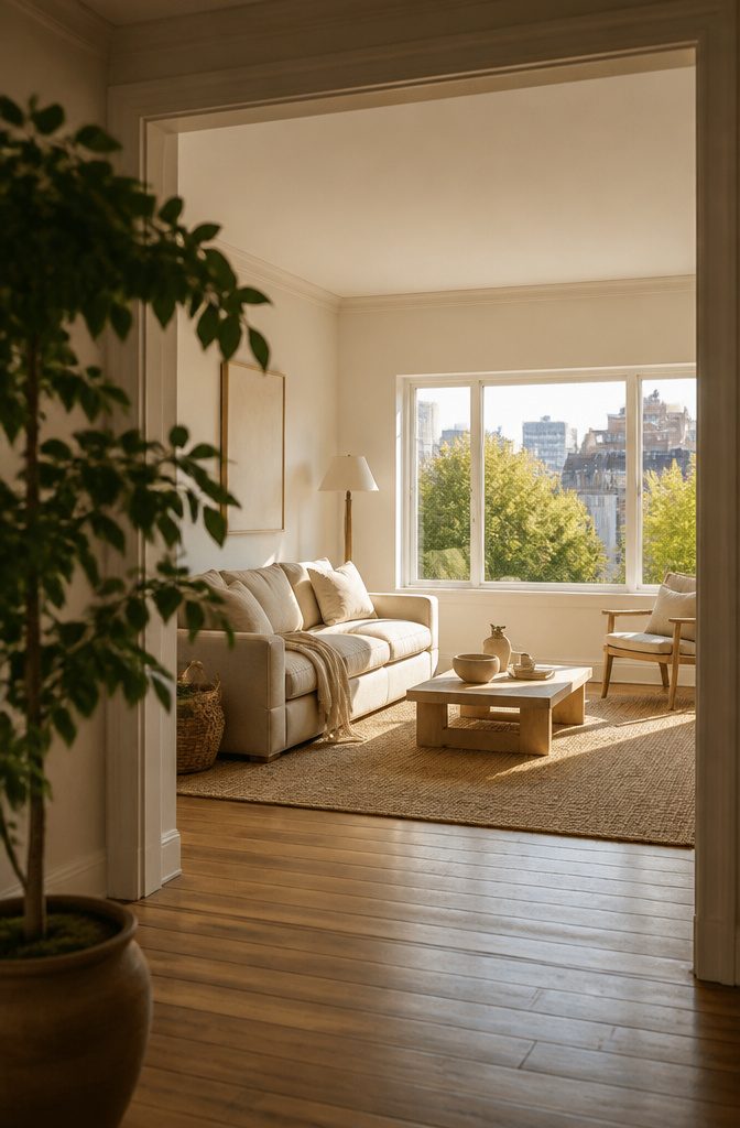 Inland living room with airy white furnishings and natural textures