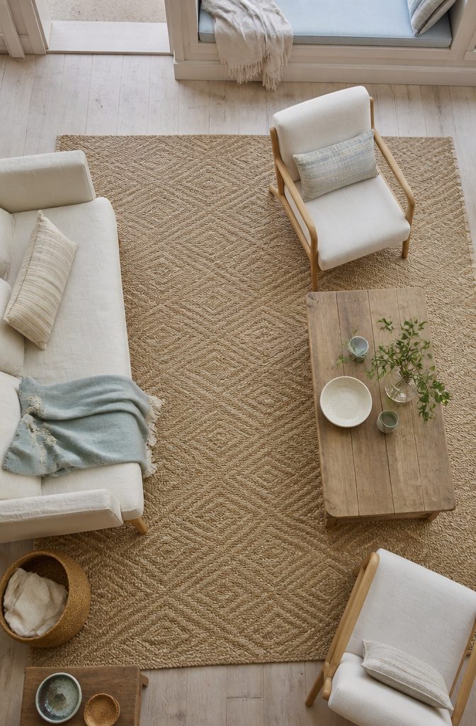 Living room seating arranged on a woven natural-fiber rug