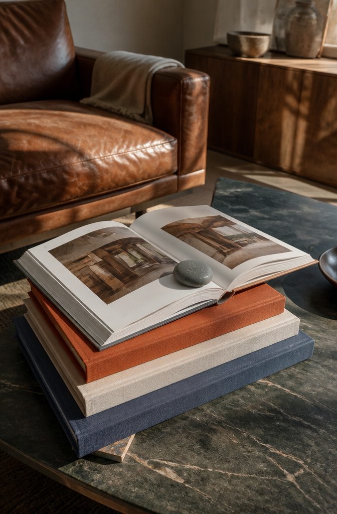Stack of books arranged on a coffee table
