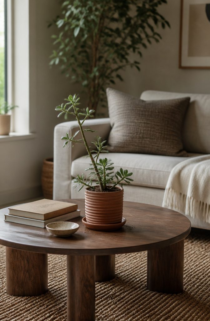 Succulent in a ribbed terracotta pot beside books and a small dish