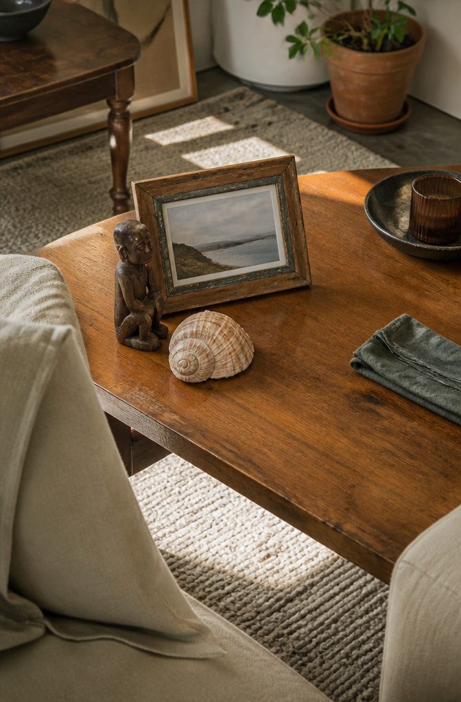 Wooden sculpture seashell and framed landscape photo on a coffee table