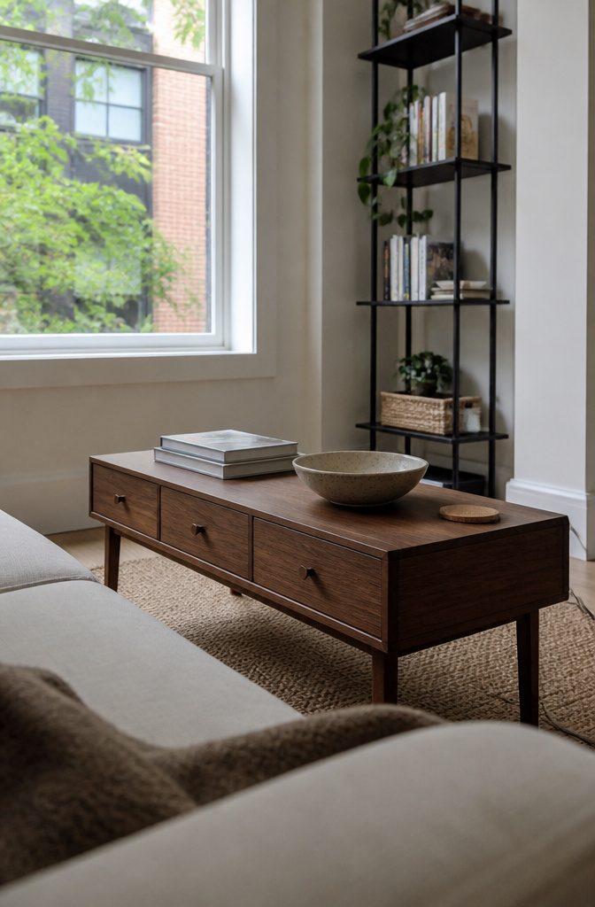 Slim coffee table with closed drawers books and ceramic bowl