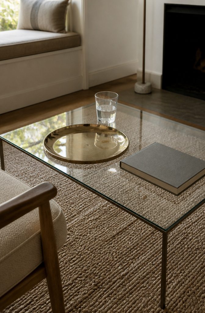 Glass coffee table with a few objects in a small living room