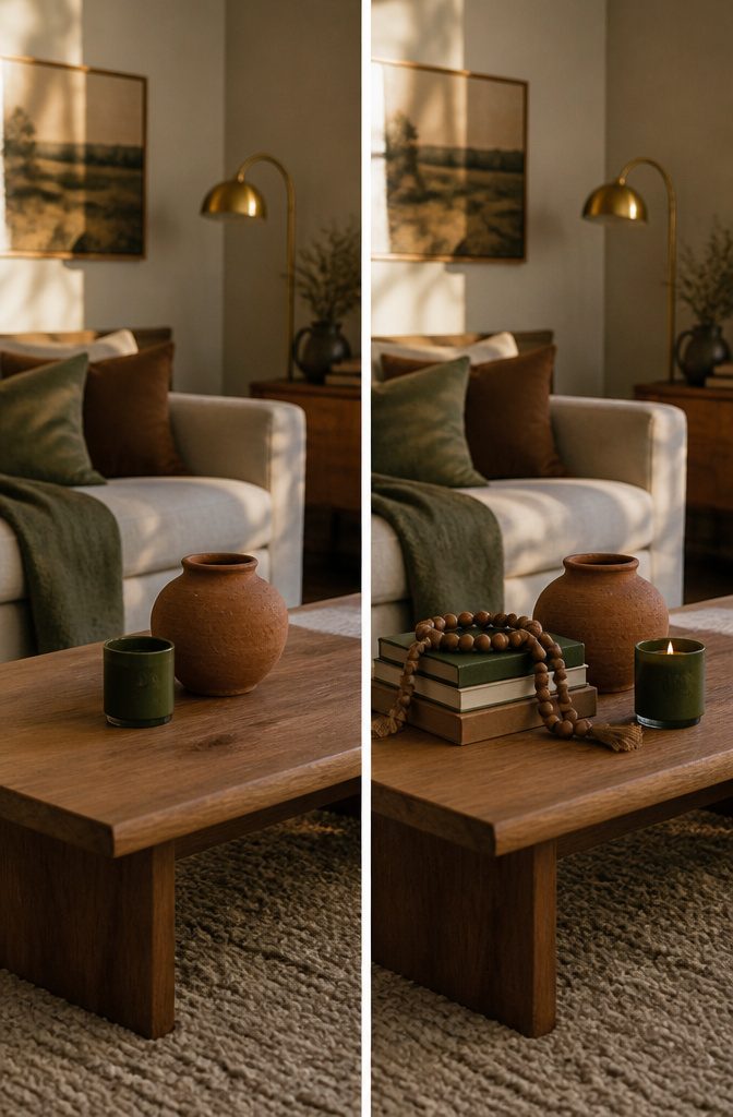 Coffee table decor in sage tones with warm wood and ceramics