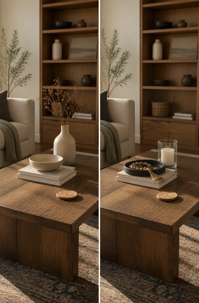 Books dish and tall vase grouped on a coffee table