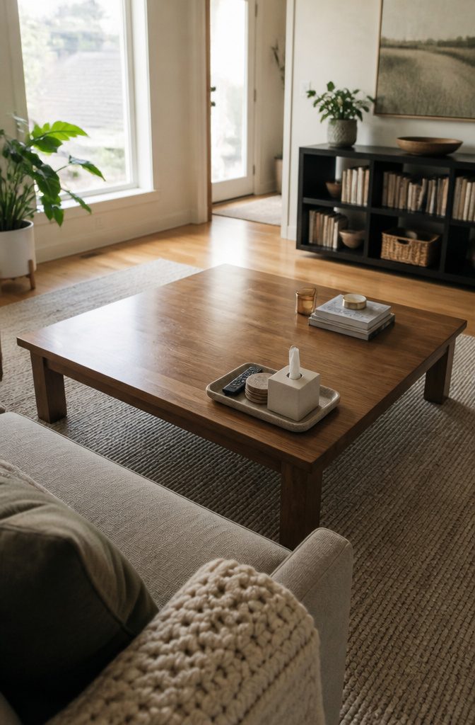 Coffee table with a tray and decor beside an open surface