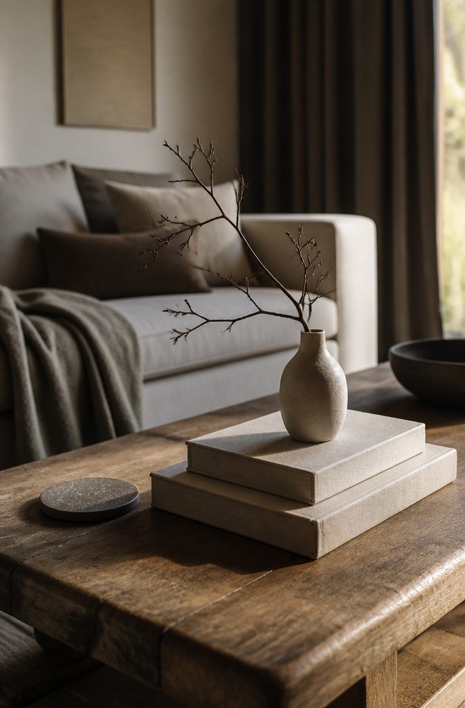 Narrow vase with a branch on 2 linen-covered books