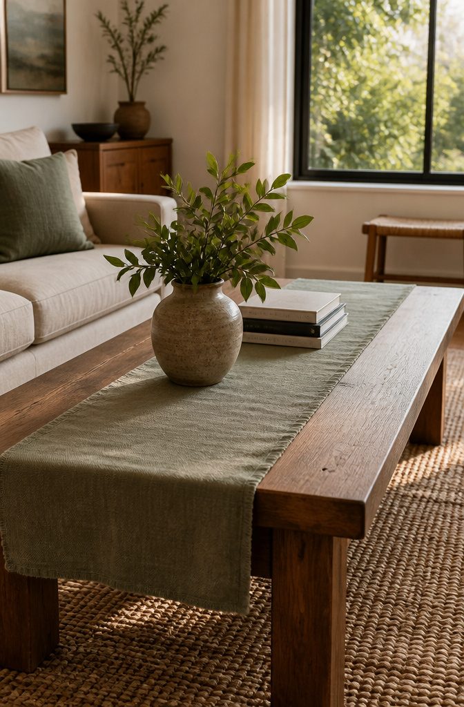 Sage linen runner with ceramic vase and books on a wooden table