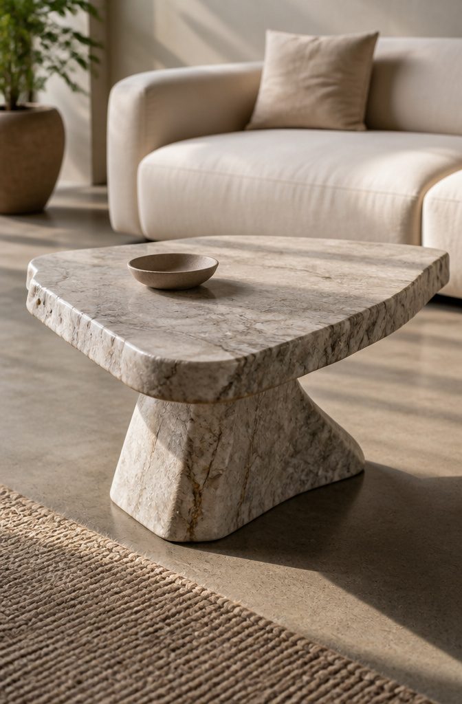 Sculptural coffee table with an unusual shape and minimal decor