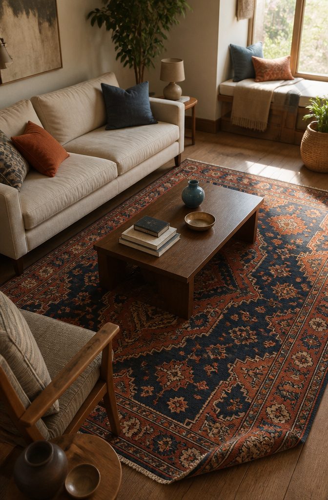 Patterned rust and deep-blue rug beneath a neutral sofa
