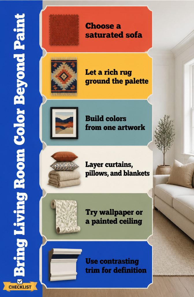 Living room with colorful sofa rug curtains and framed art