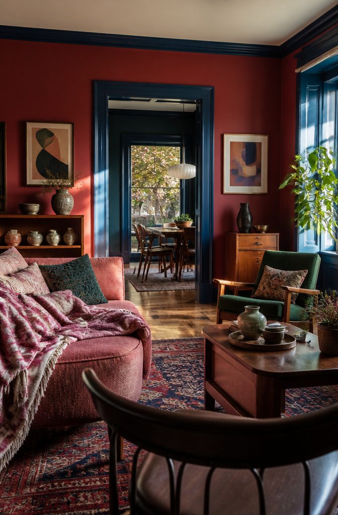 Red living room with raspberry sofa blue trim and patterned cushions