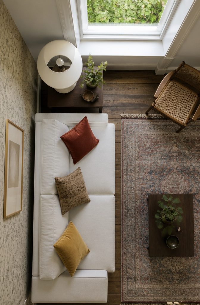 Living room with painted ceiling and pale neutral walls