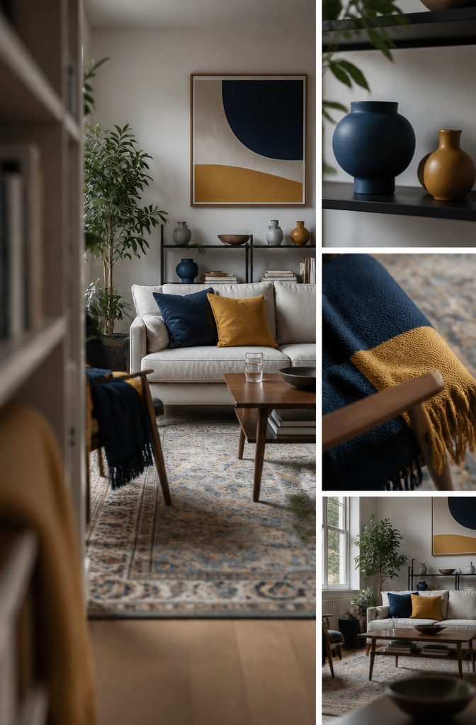 Living room with colorful pillows a throw and ceramic vase