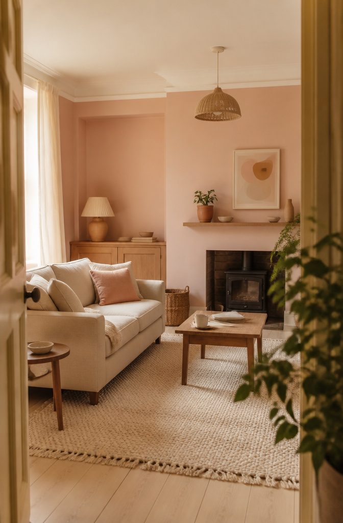 Blush living room wall beige sofa and peach cushion