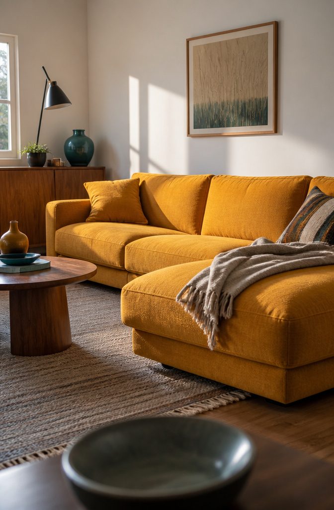 Mustard sofa in a living room with neutral walls and rug