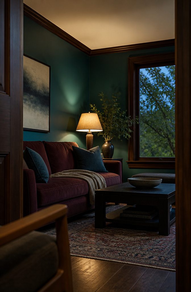 Living room with deep teal walls and warm furnishings