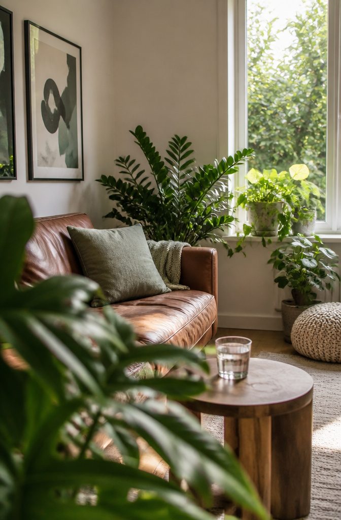 Green plants beside brown leather sofa with cream walls and sage pillow