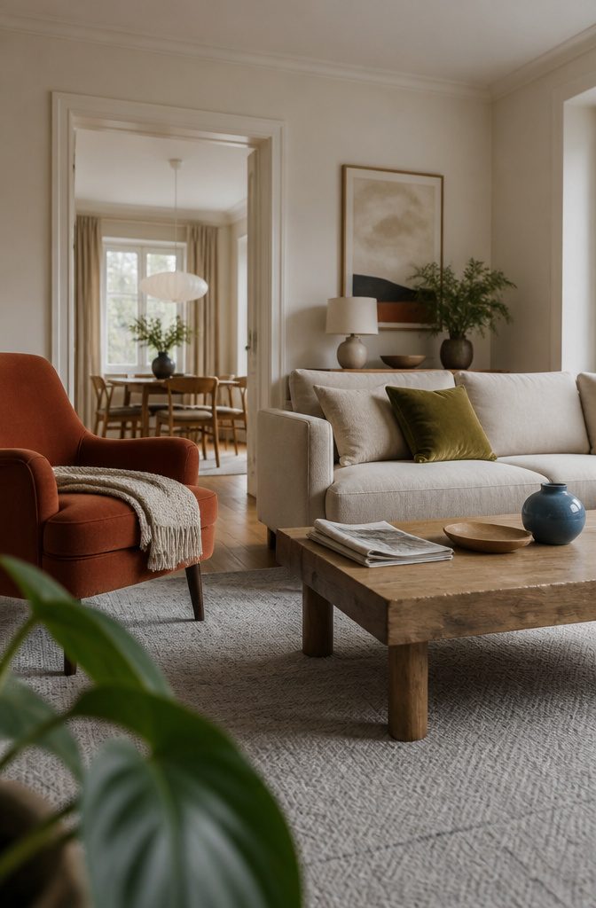 Terracotta chair olive pillow and blue vase beside cream sofa