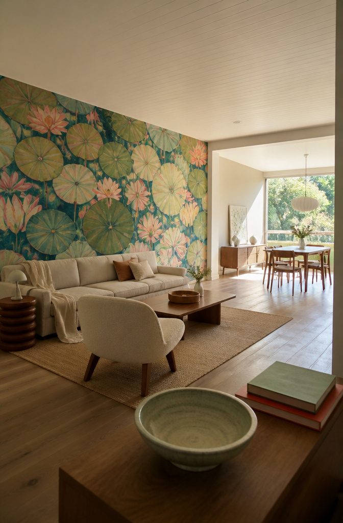 Living room with large botanical mural wallpaper on one wall