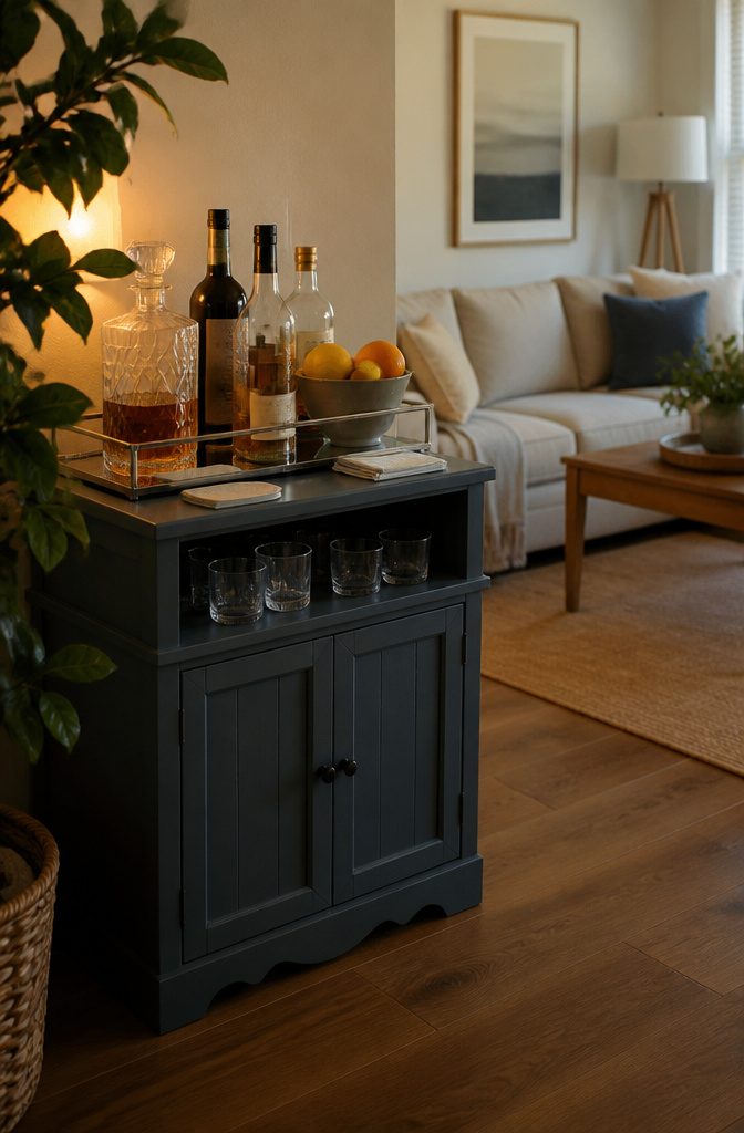 Blue-gray cabinet with liquor bottles glasses and a bowl of citrus