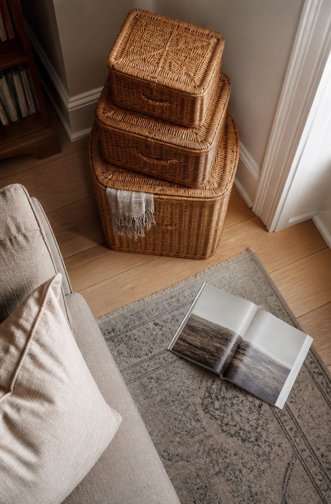 Three woven baskets with lids stacked beside a living room wall