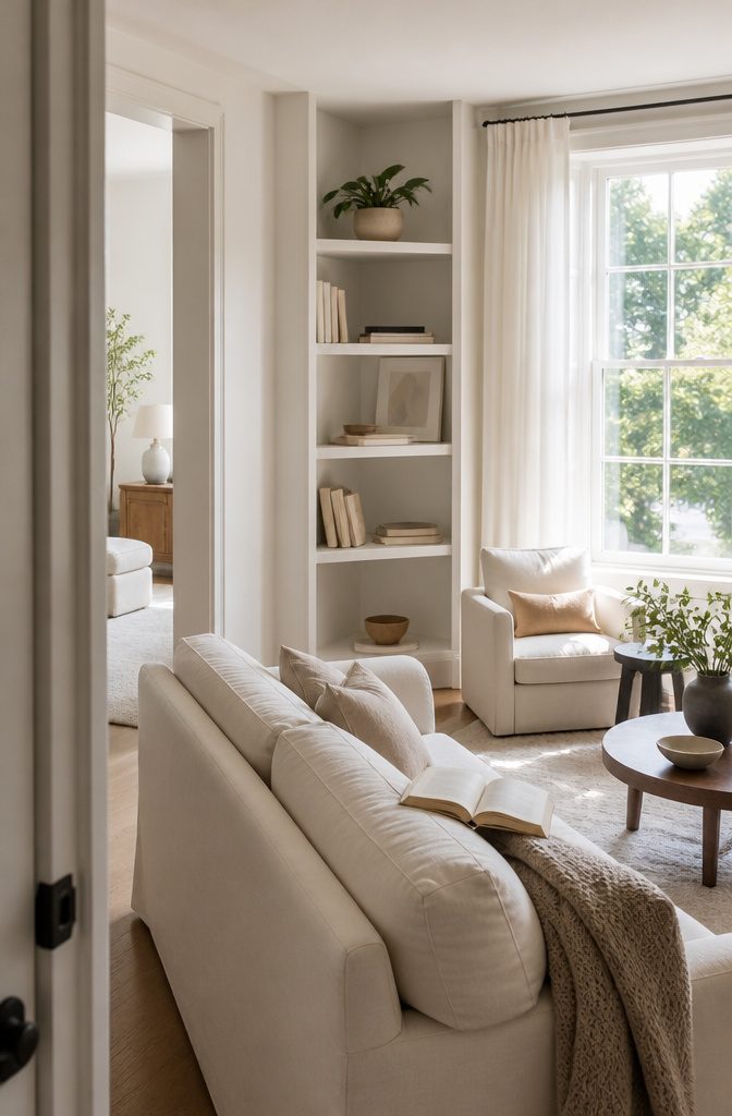 Narrow white bookcase with books plant and framed print