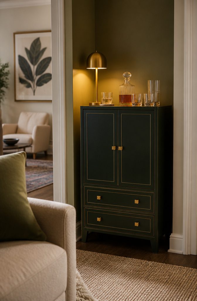 Geometric cabinet with brass pulls and glassware in a living room corner