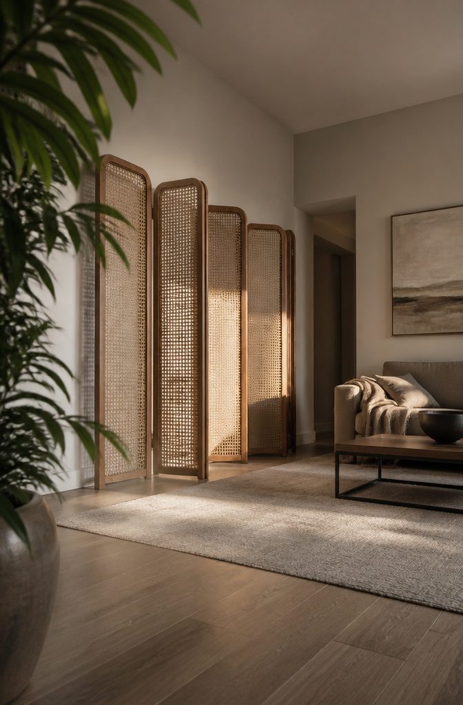 Tall folding screen with patterned panels set in a living room corner
