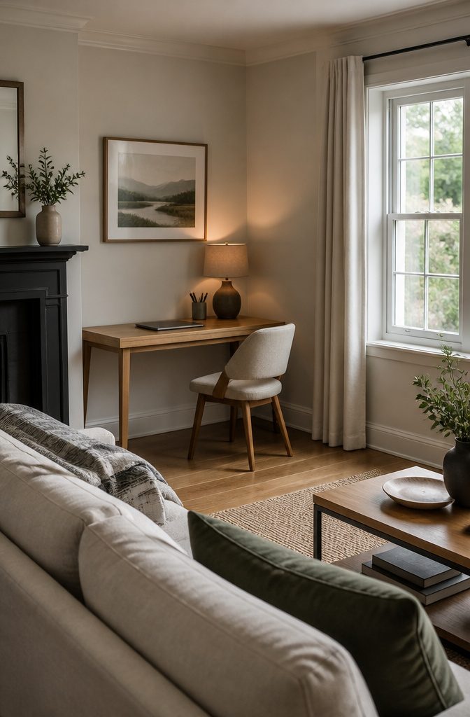 Small writing desk and chair placed beside a living room window