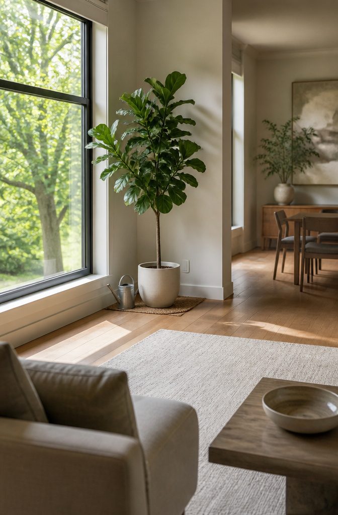 Fiddle-leaf fig in a pot beside a living room window