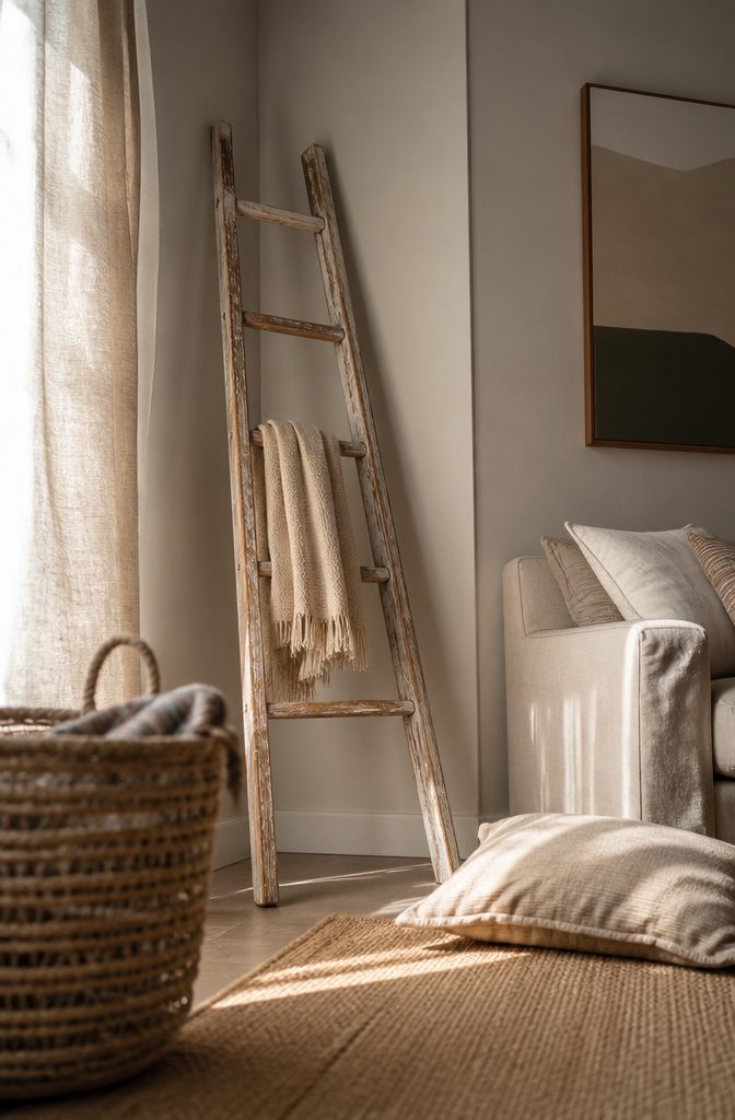 Weathered wooden ladder with a folded throw blanket in a corner